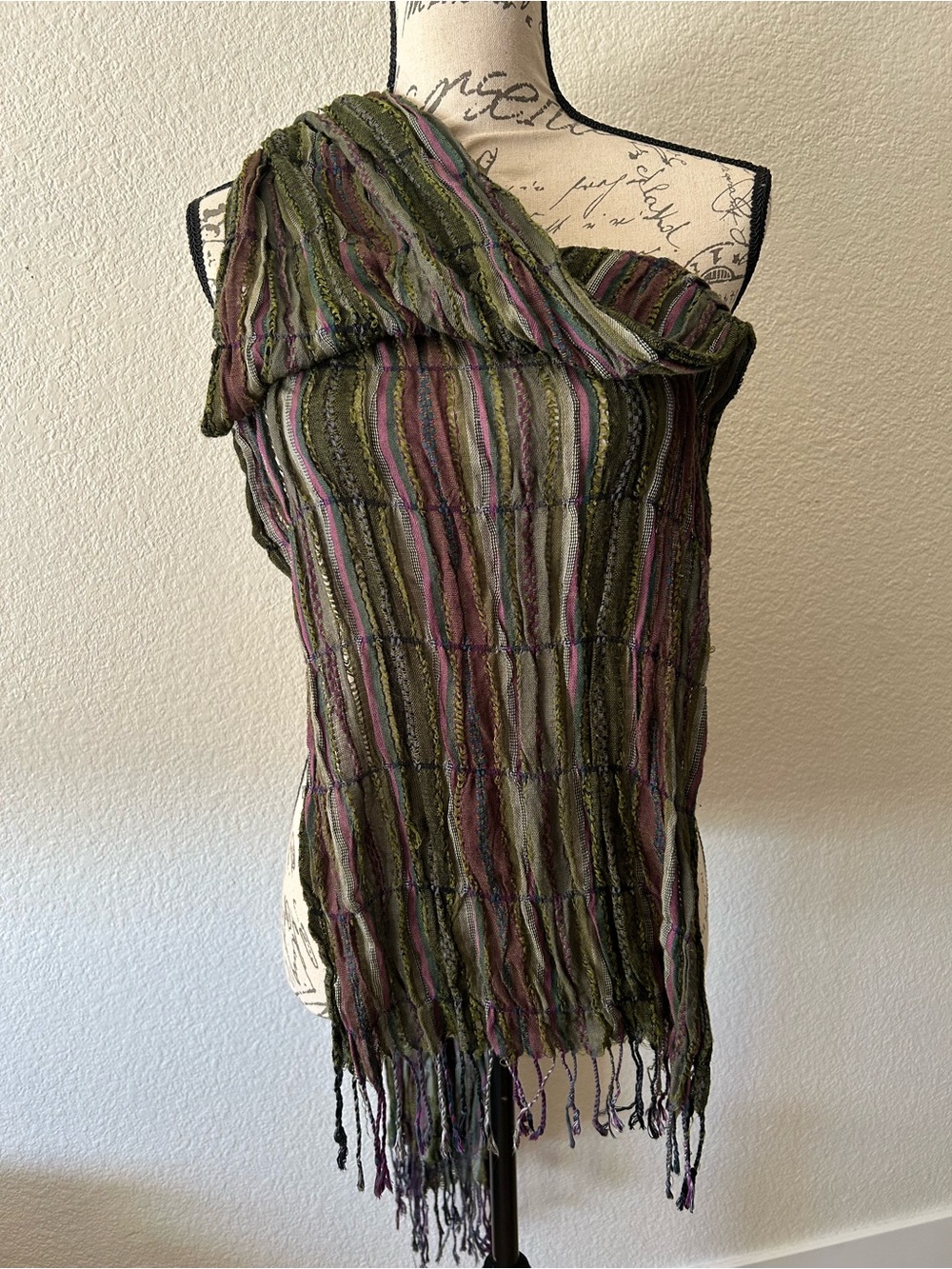 Source Unknown Olive and Plum Striped Lightweight Scarf